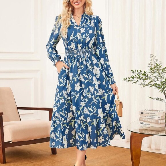 Women's Floral Midi Dress Long Sleeve V-Neck A-Line Pockets Casual Fall - Picture 3 of 5